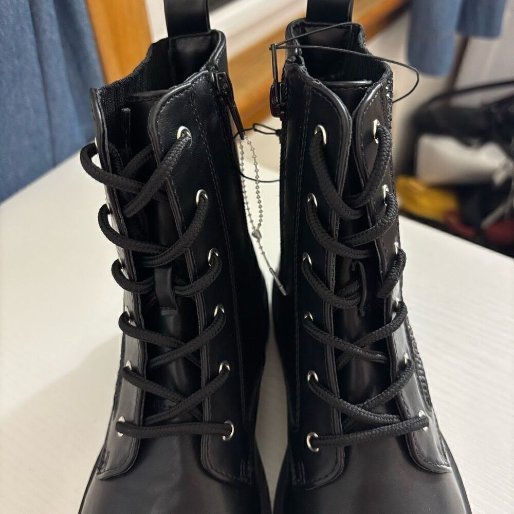 DKNY Black Faux Leather Crystal Side Zip Combat Boots Youth Girls Size 3 New - Picture 8 of 11